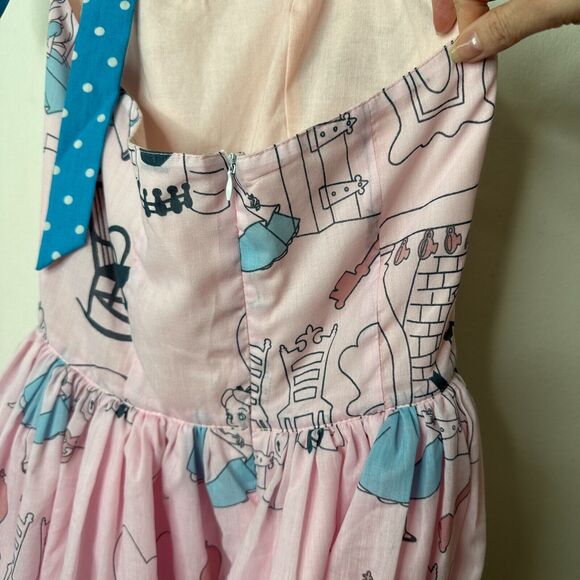 Cute Alice In Wonderland Print Pink & Blue Flowy Halter Top Apron Dress Zip SM - Picture 9 of 11